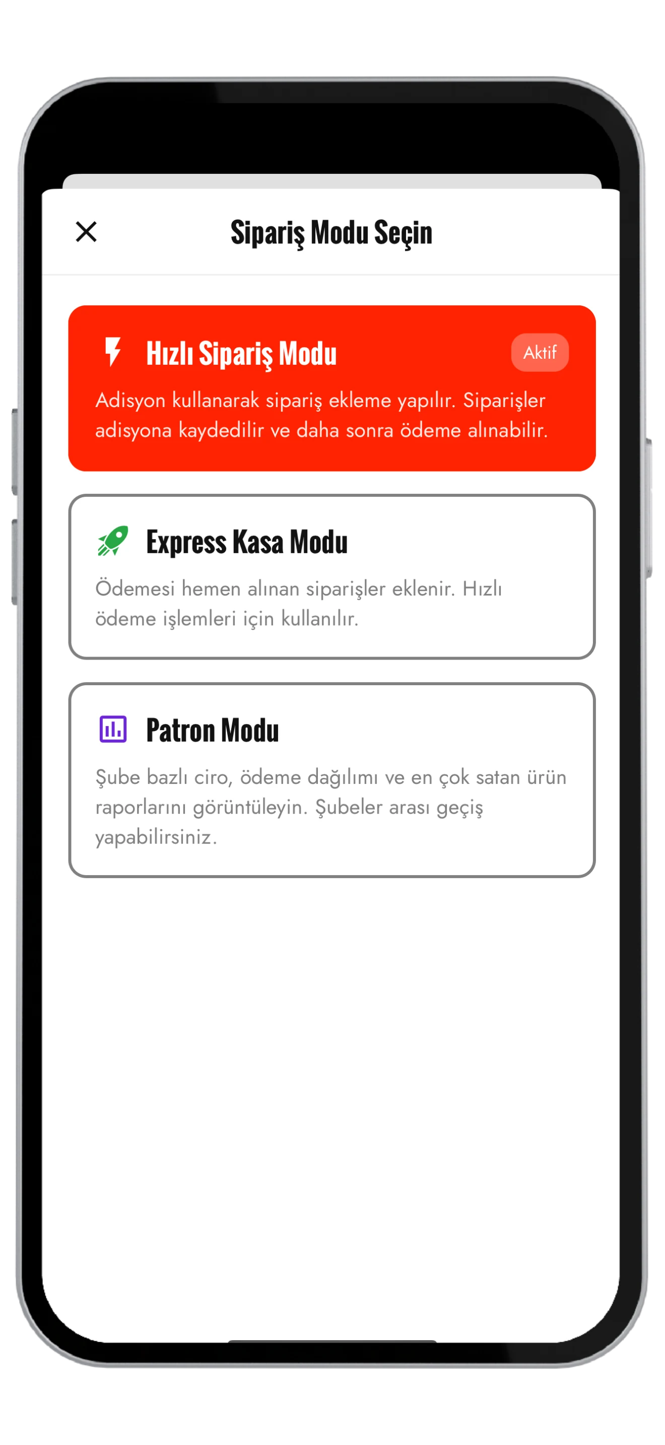 Sipariş Modu Seçimi — Hızlı Sipariş, Express Kasa, Patron modları