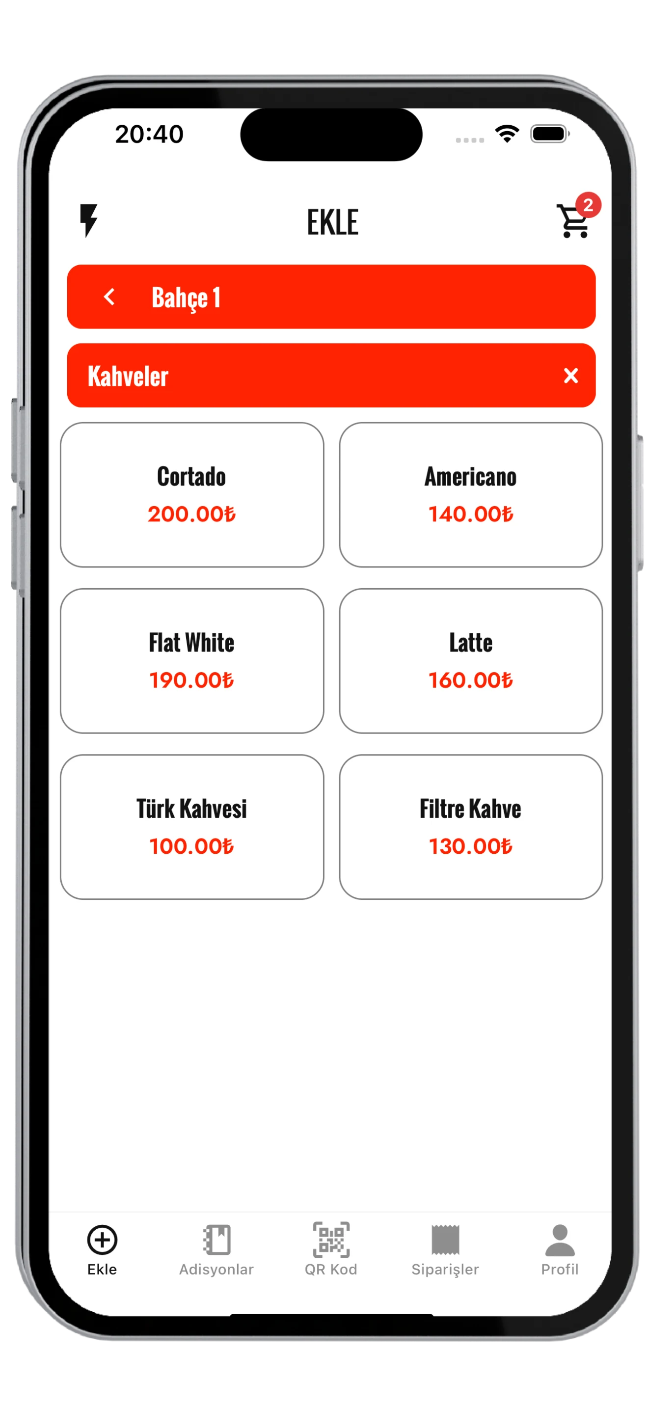 Ürün seçim ekranı — kategori, ürün kartları, fiyat