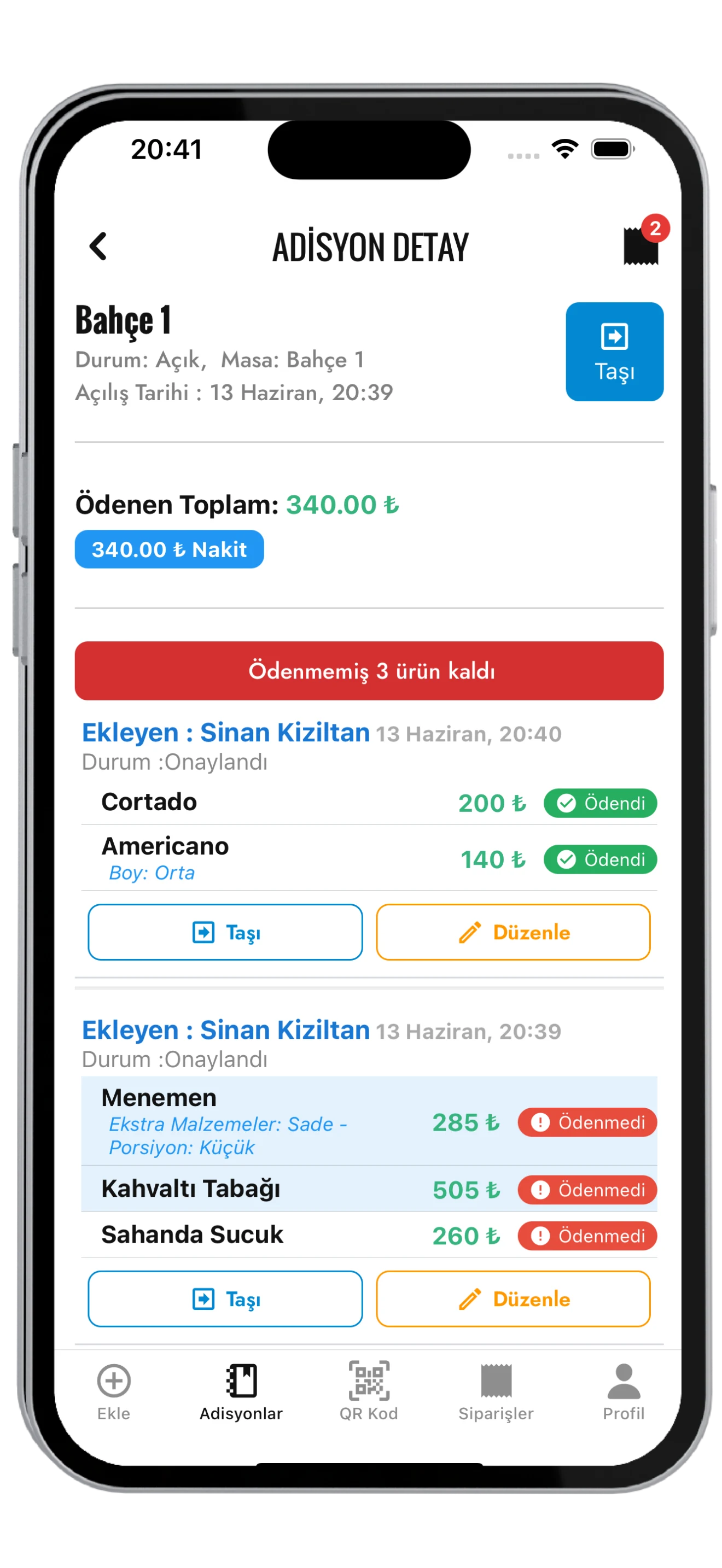 Adisyon Detay ekranı — Bahçe 1 masası, ödenmiş 340 TL nakit, ödenmemiş 3 ürün, ürün bazlı ekstra malzeme detayı, Taşı ve Düzenle butonları