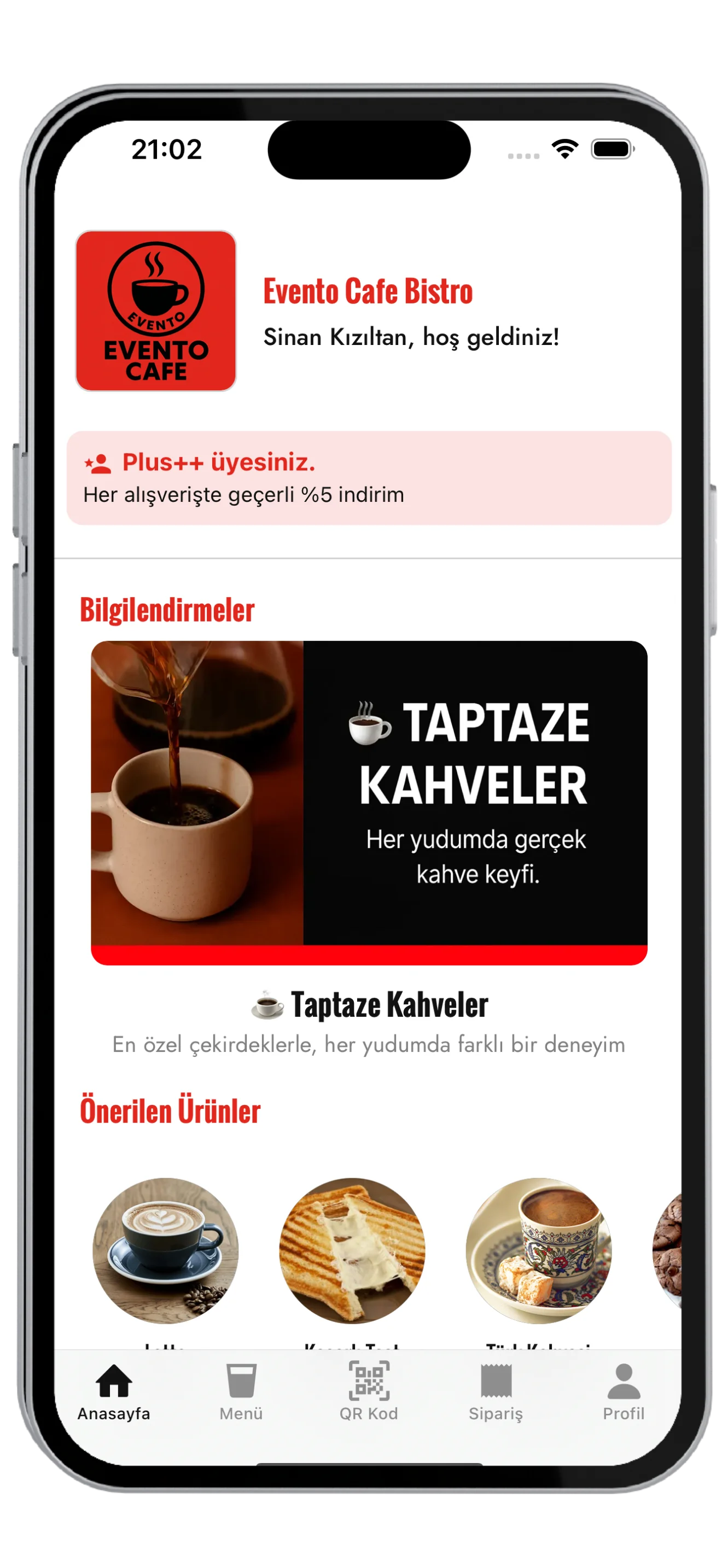 Evento Cafe Bistro markalı müşteri uygulaması anasayfa — logo, üyelik bilgisi, önerilen ürünler