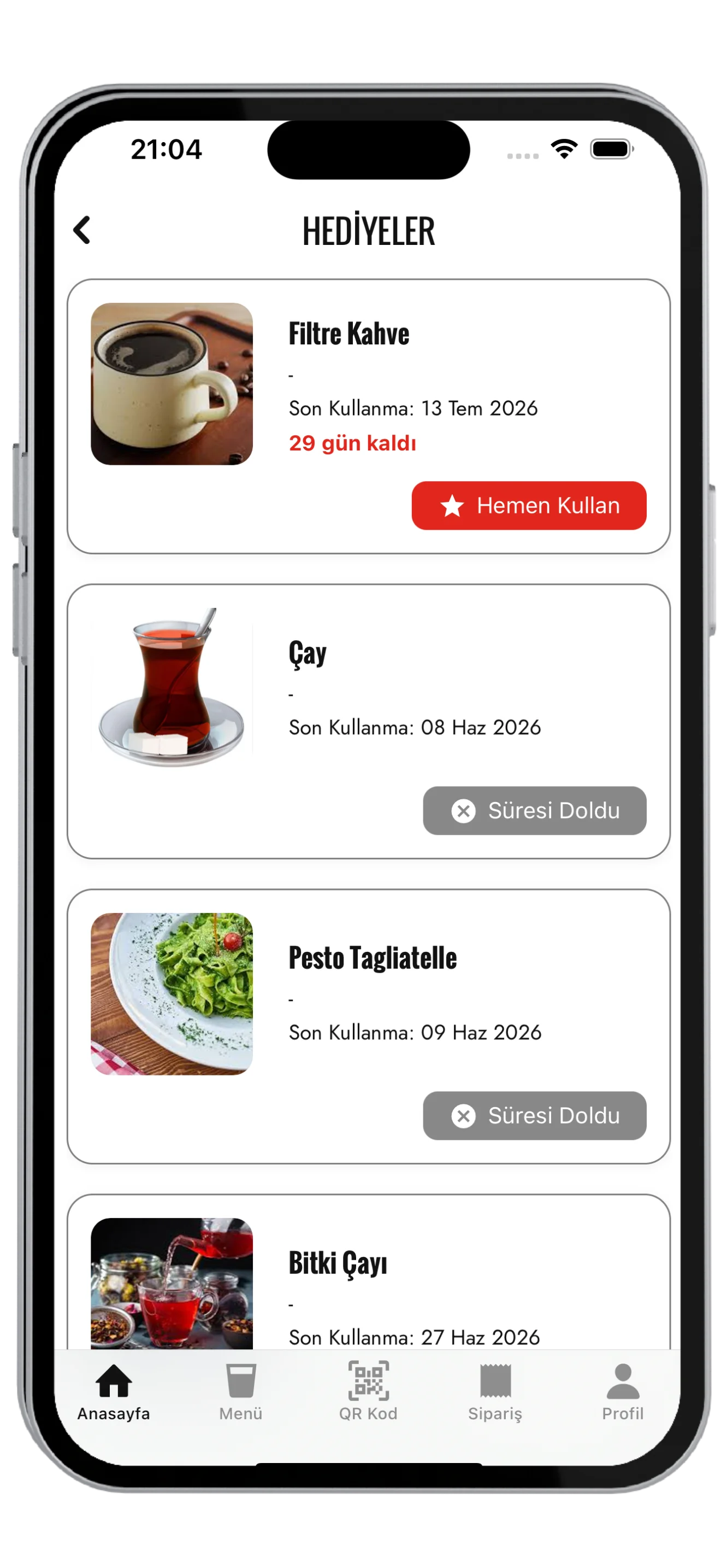 Evento Cafe Bistro markalı uygulama ekranı — Hediyeler & Süre