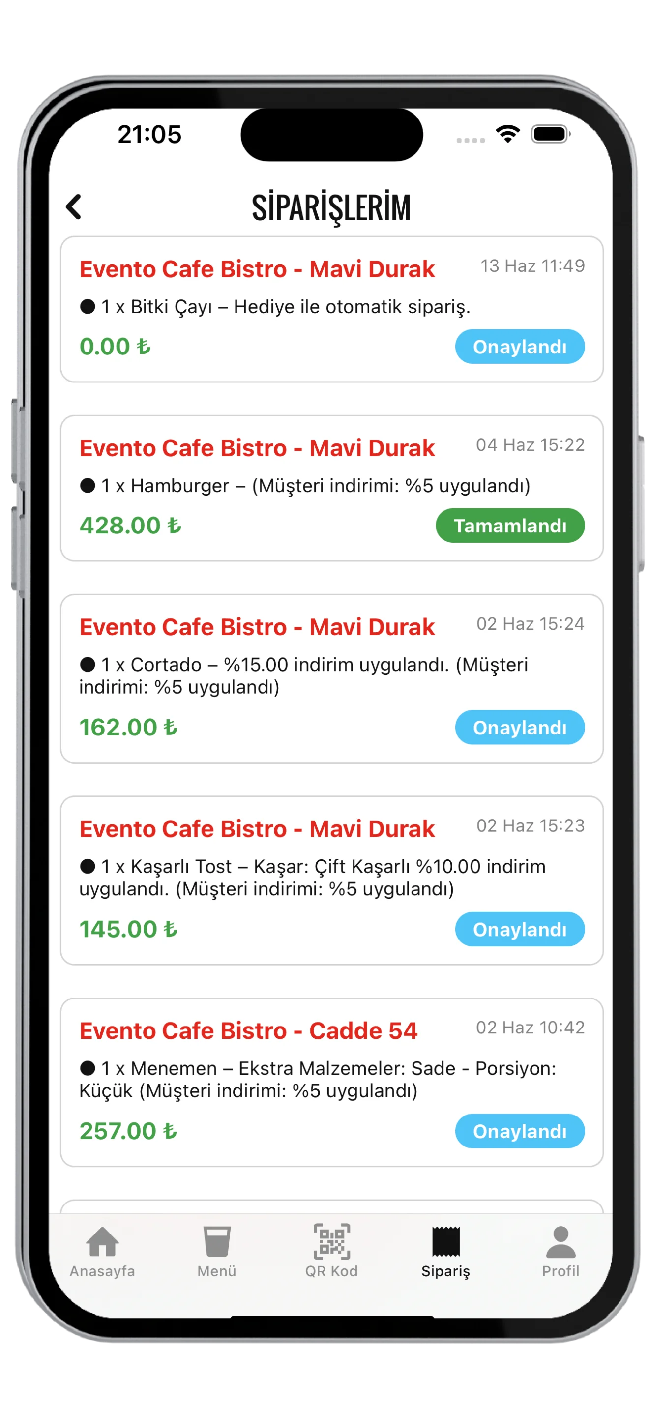 Evento Cafe Bistro markalı uygulama ekranı — Sipariş Geçmişi